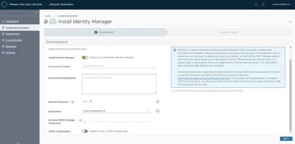 Configure vIDM environment details, select password, datacenter, and proceed.