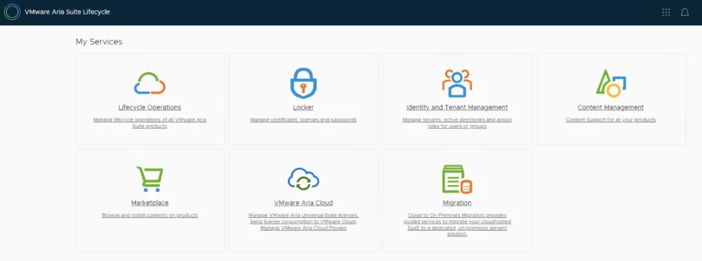 VMware Aria Suite Lifecycle dashboard showing services like Lifecycle Operations, Locker, Identity Management, Content Management, Marketplace, Cloud, and Migration.