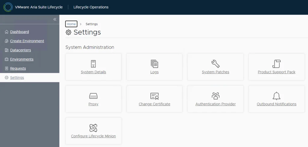 Settings page with options like System Details, Logs, System Patches, etc.