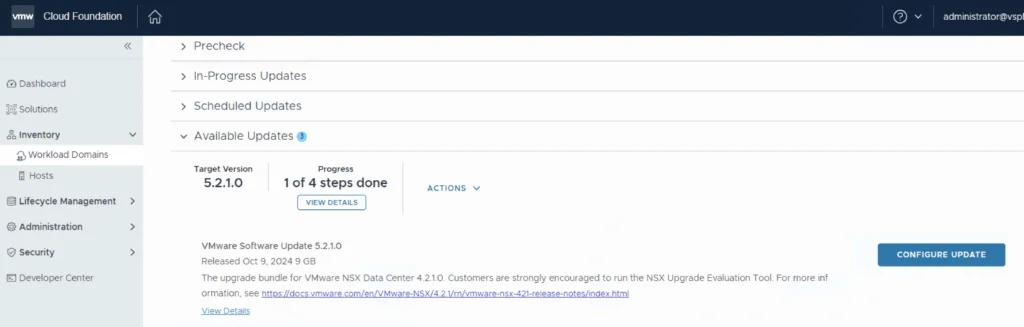 Upgrading VCF 5.x to 5.2.1: Configure Update button visible for NSX Data Center 4.2.1.0.
