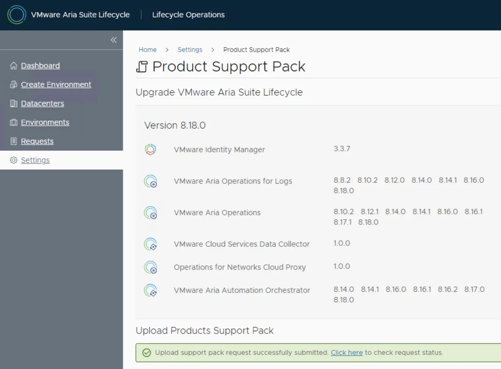 A screenshot shows VMware Aria Suite Lifecycle Product Support Pack upgrade options for version 8.18.0.