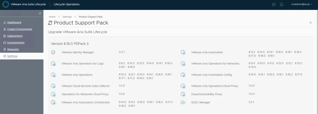 Upgrade status for VMware Aria Suite Lifecycle 8.18 PSPack 3 shows updated patch levels.