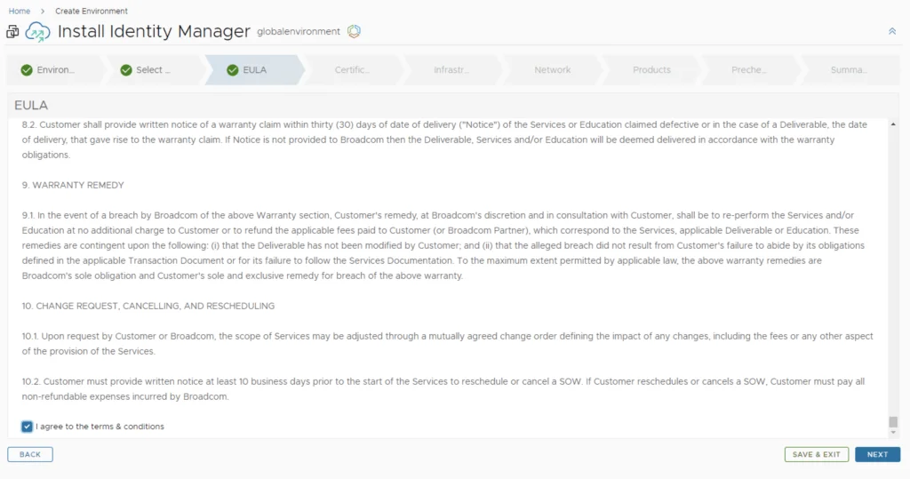 Wizard step: EULA, showing agreement checkbox and Next button.