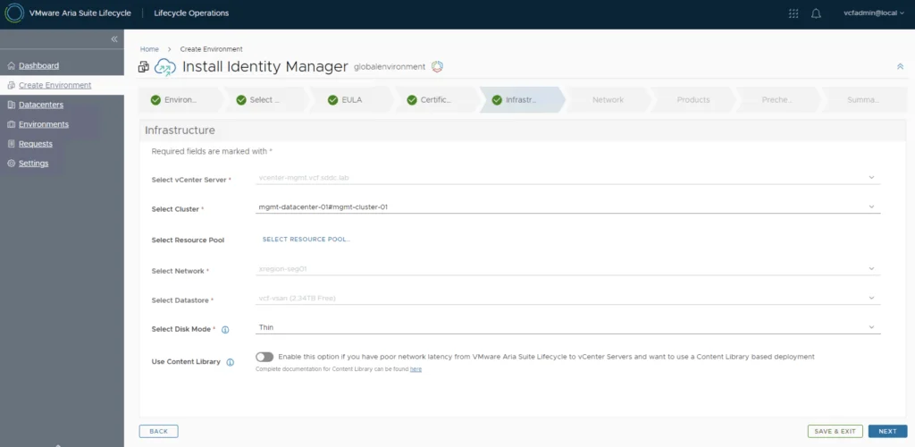 Infrastructure setup in vIDM installation wizard. Select vCenter, cluster, pool, network, datastore, and disk mode.