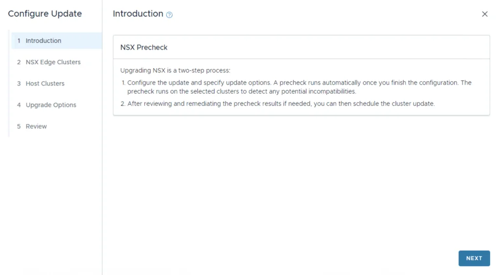 NSX precheck step in upgrade wizard.