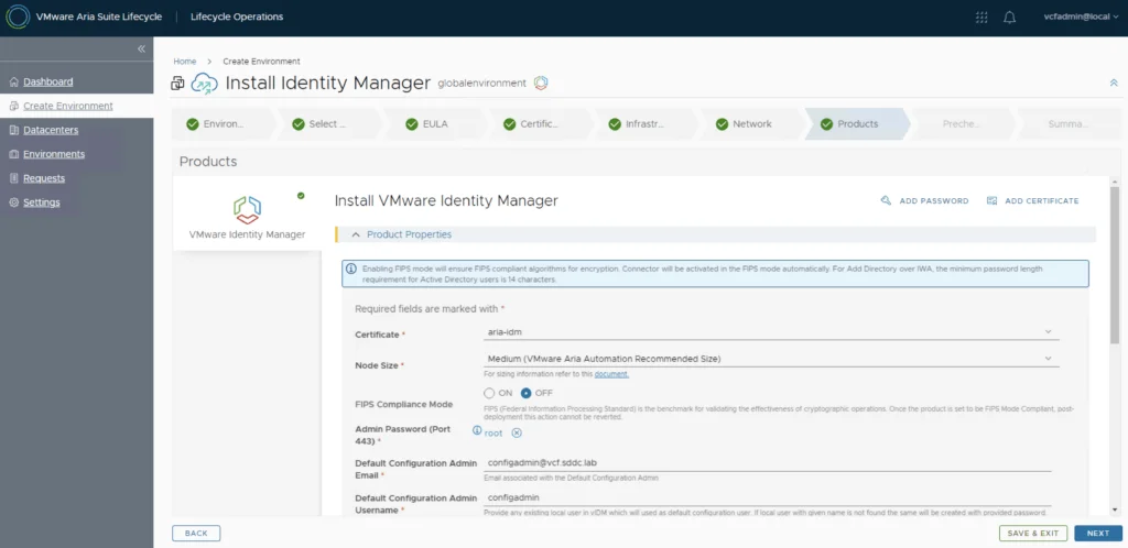 Install VMware Identity Manager wizard step: Products configuration.