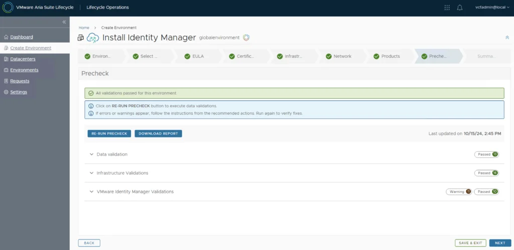 The precheck step confirms all validations passed for deploying vIDM in VCF 5.2.1.