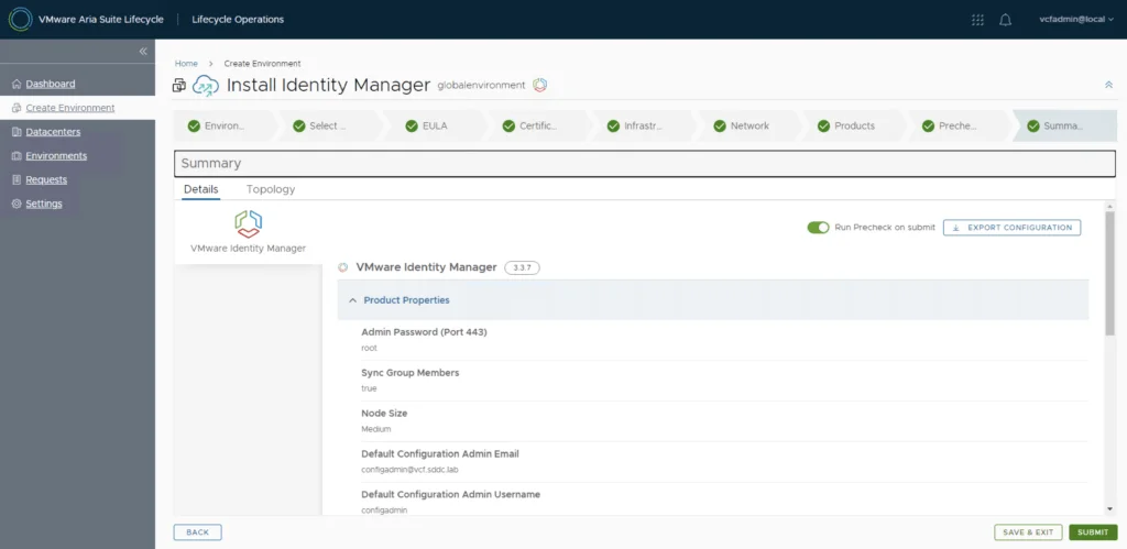 The image shows the VMware Identity Manager installation summary in Aria Lifecycle Manager, ready for submission.