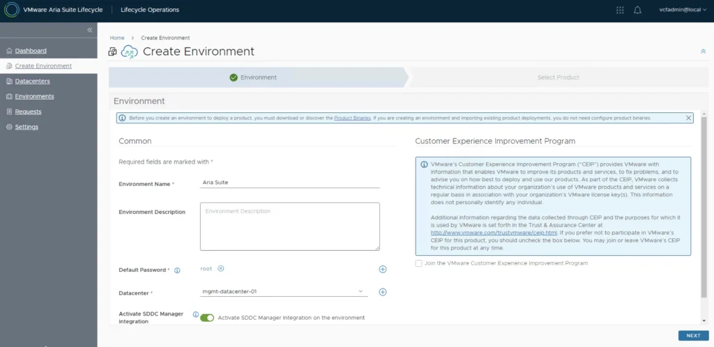 VMware Aria Suite Lifecycle Create Environment wizard step, showing environment setup with fields for name, description, password, datacenter, and SDDC manager integration.