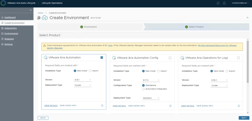 The image shows the “Create Environment” wizard step for selecting VMware Aria Automation products.