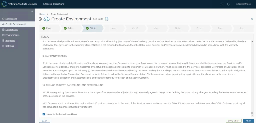 EULA agreement step in VMware Aria Suite Lifecycle.