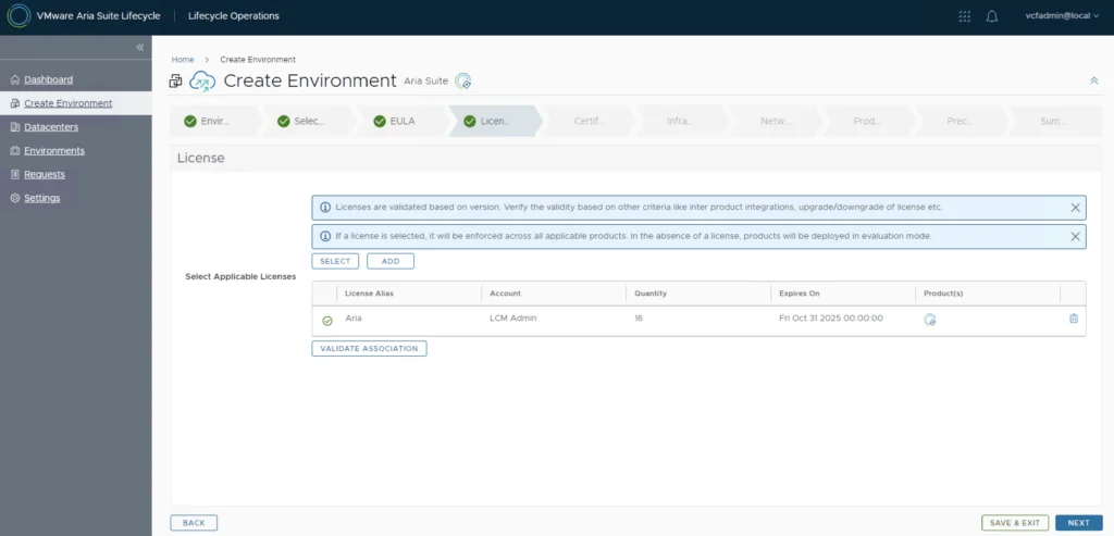In the Licensing tab, select and add a license from the Locker, then validate it.