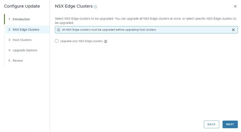 Configure Update: NSX Edge Clusters step shows upgrade options for clusters.