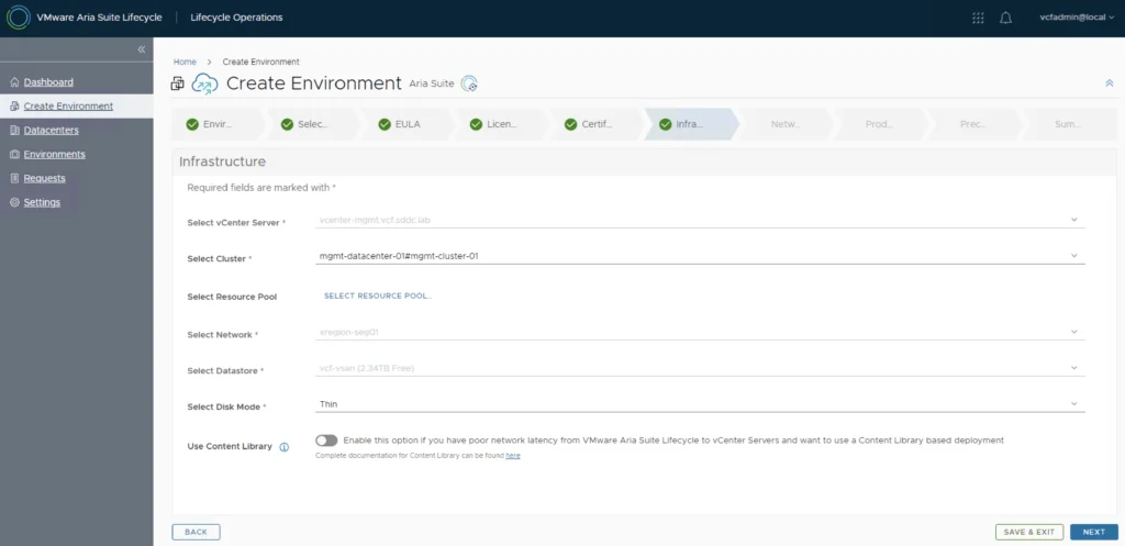 Infrastructure setup in VMware Aria Suite Lifecycle wizard, showing pre-filled fields for VCF deployment.