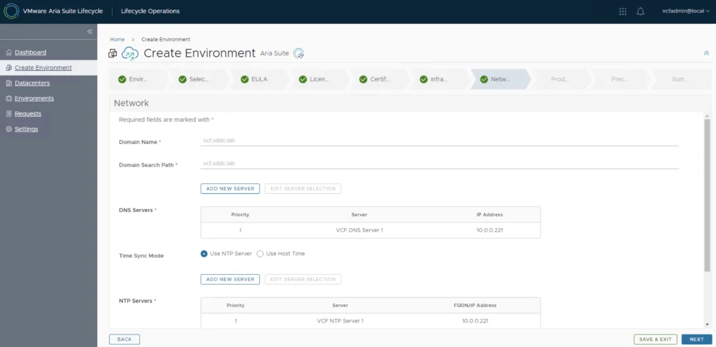 Network configuration in VMware Aria Suite Lifecycle wizard, showing domain name, DNS, and NTP settings.
