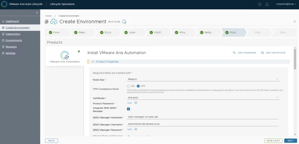 In the VMware Aria Automation wizard, select “Medium” for Node Size, choose a certificate, and enter SDDC Manager details.
