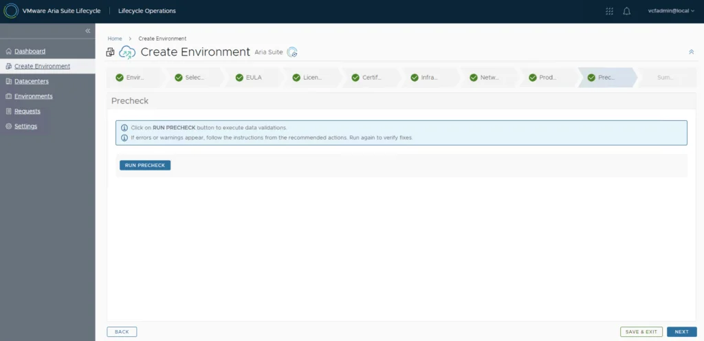 The precheck step in the VMware Aria Suite Lifecycle wizard validates selections before proceeding.