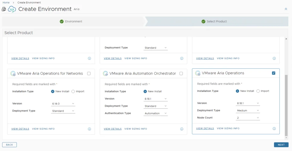 Select VMware Aria Operations 8.18.1 for Medium deployment with 2 nodes; click Next.