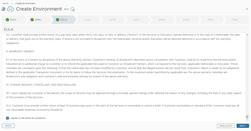 EULA step in VMware Aria Operations setup wizard.