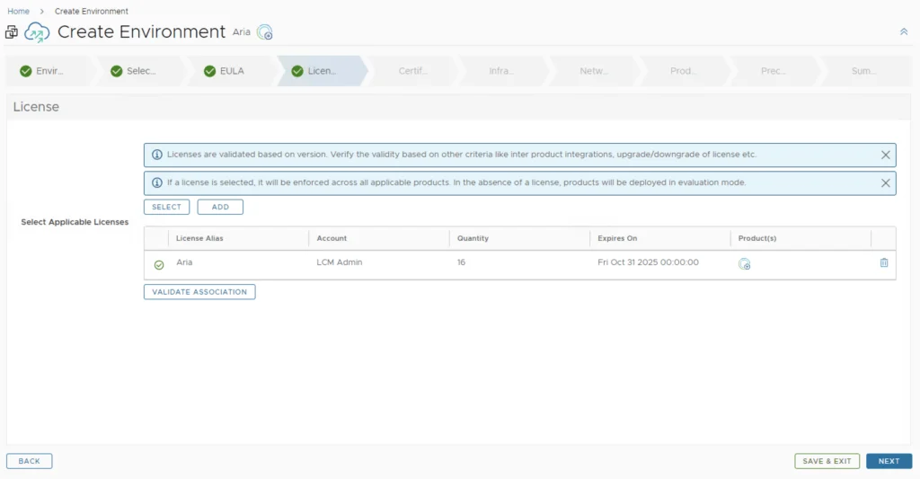 In the Licensing tab, select and add a license, validate, then click Next.