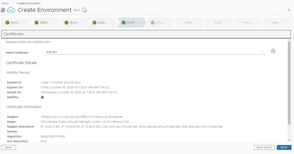 The Certificate tab shows a selected certificate with details like expiration date, issuer, and subject. Click Next to proceed.