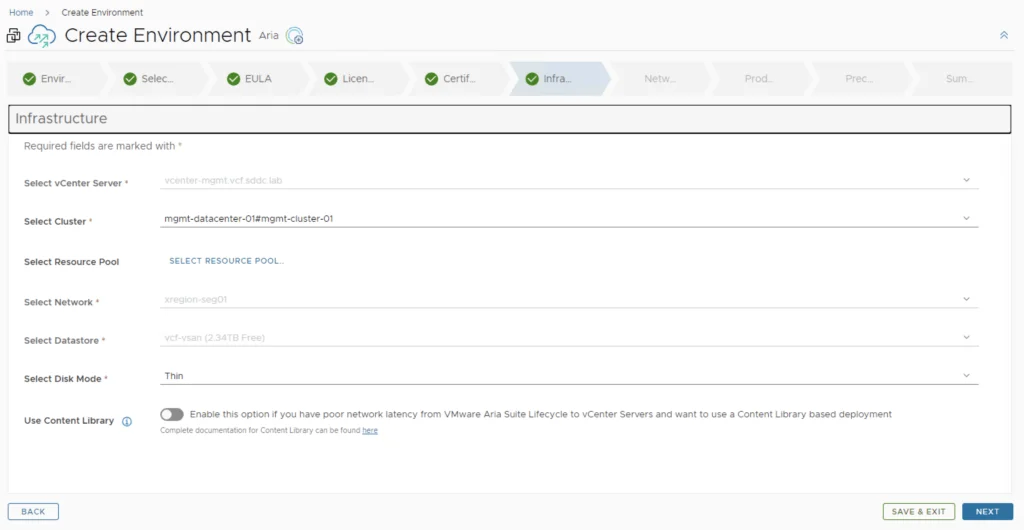Infrastructure tab shows pre-filled fields for deploying in VCF mode; select cluster and network.