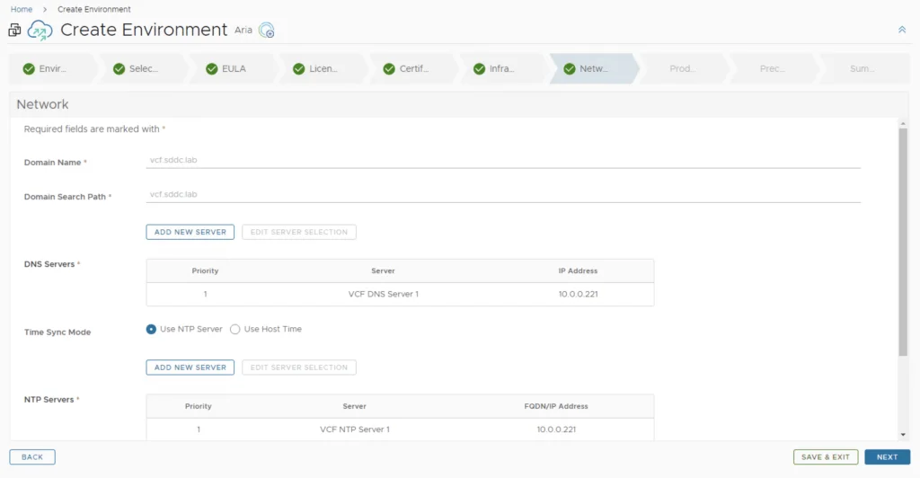 Network settings for VCF 5.2.1 in Aria Operations 8.18 deployment wizard.