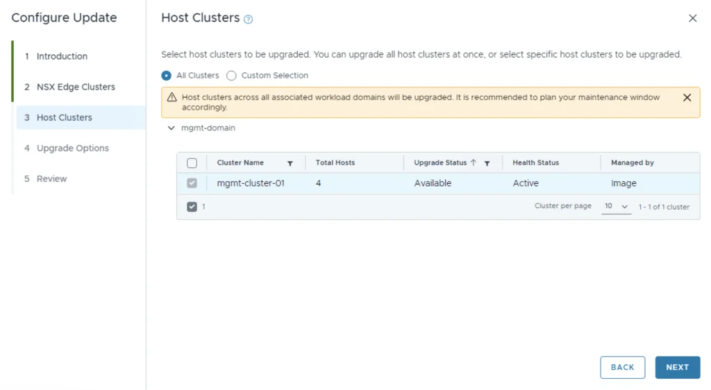 Select host clusters for upgrade, choose mgmt-cluster-01, then click NEXT.