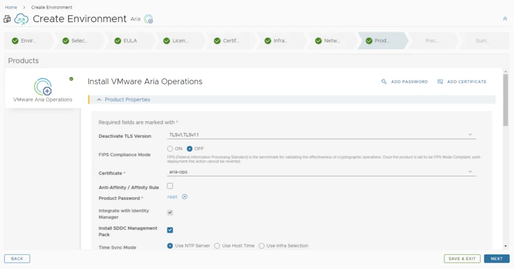 Creating VMware Aria Operations environment with TLSv1.2, FIPS off, certificate, and password setup.