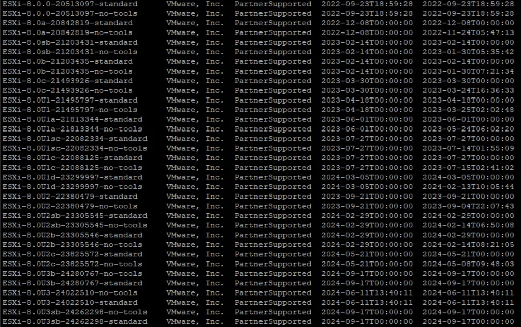 This image lists VMware ESXi versions and their support status.