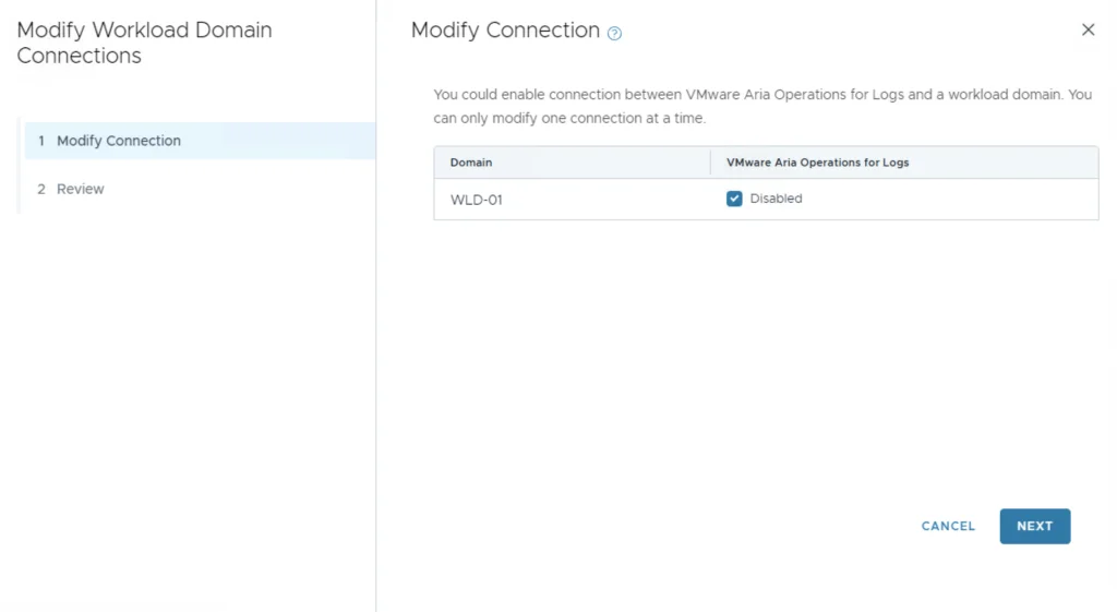 Modify Connection step shows WLD-01 domain with VMware Aria Operations for Logs disabled; click Next to proceed.