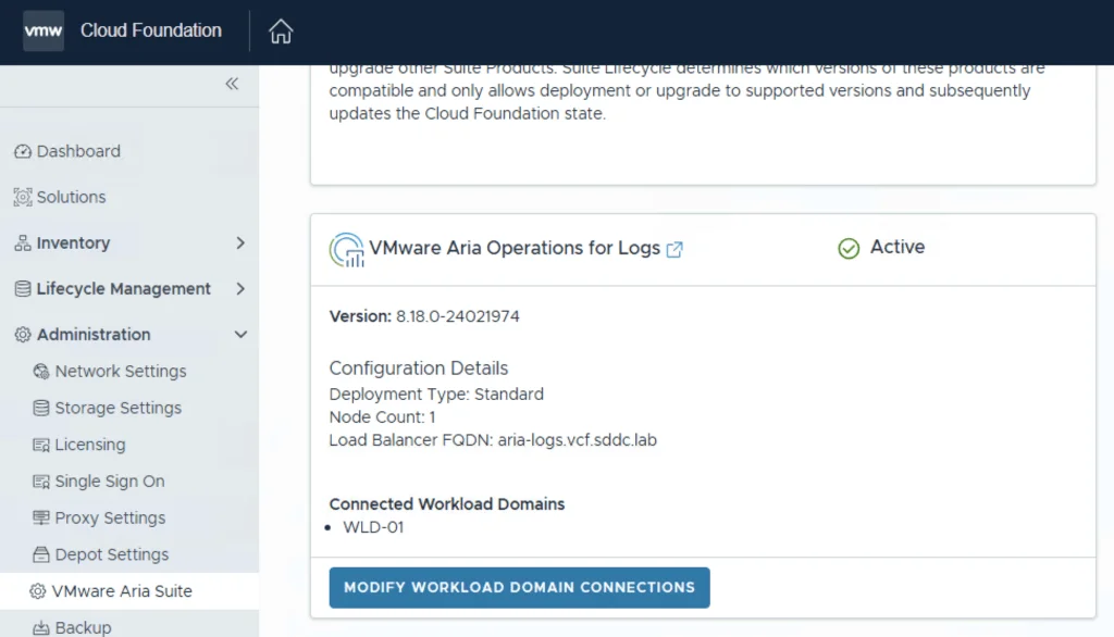 VMware Cloud Foundation dashboard showing Aria Operations for Logs details and connected workload domain.