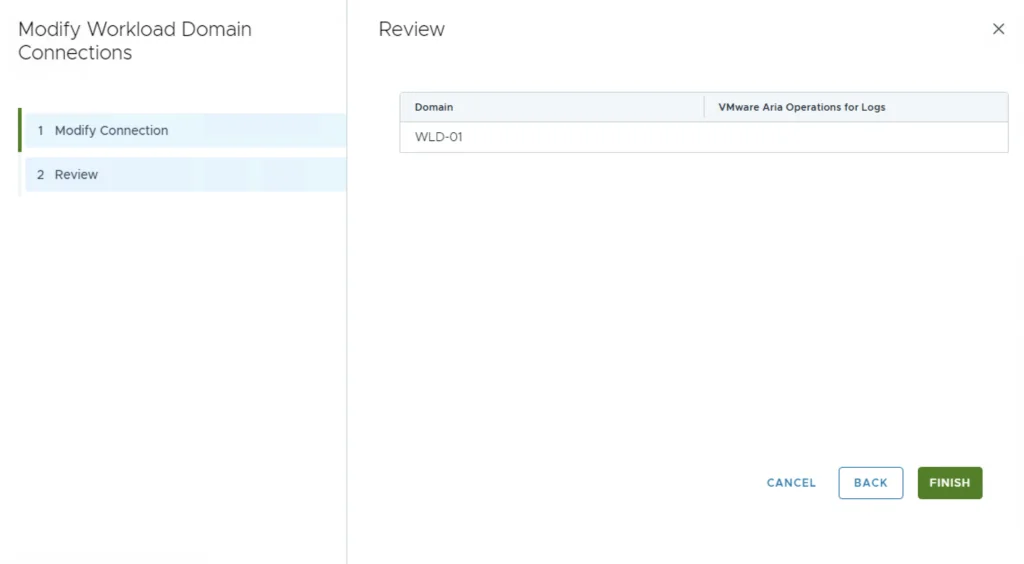 Review step of modifying VI Workload Domain connection to VMware Aria Operations for Logs.