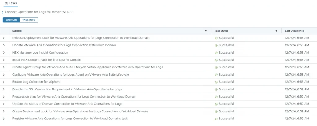 Tasks list shows successful configurations for connecting a VI Workload Domain to VMware Aria Operations for Logs.