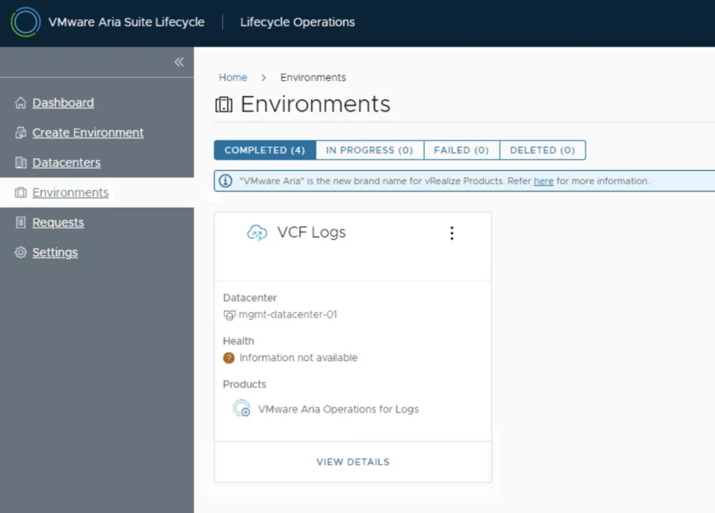 The screenshot shows the VMware Aria Suite Lifecycle Environments page with details for Aria Operations for Logs, indicating a completed environment and a datacenter named mgmt-datacenter-01.