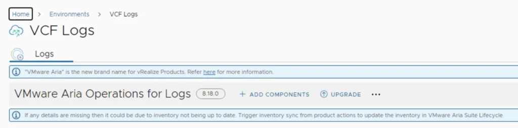 The image shows the “Upgrade” button for VMware Aria Operations for Logs version 8.18.0.
