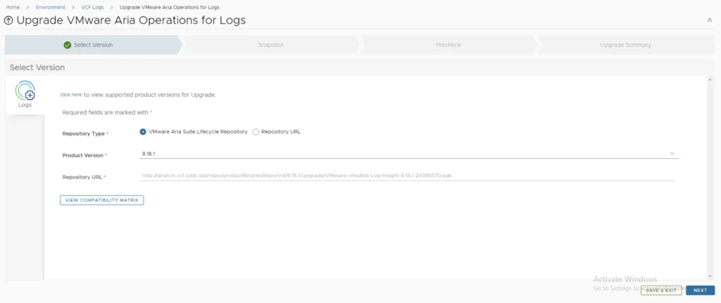 Upgrading Aria Operations for Logs to 8.18.1 via VMware Aria Suite Lifecycle Wizard.