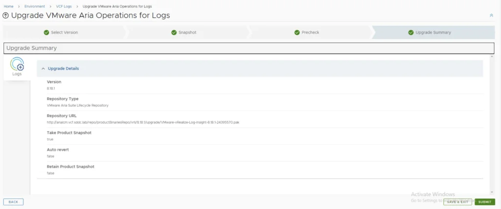 Upgrade summary shows version 8.18.1 and repository details for Aria Operations.