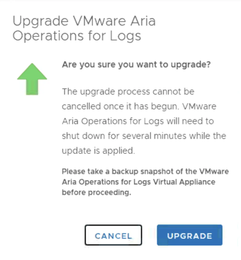 Upgrading VMware Aria Operations for Logs. Confirm to proceed.