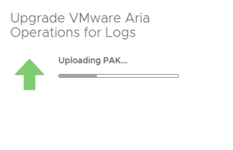 Upgrading Aria Operations for Logs: Uploading .PAK file in progress.