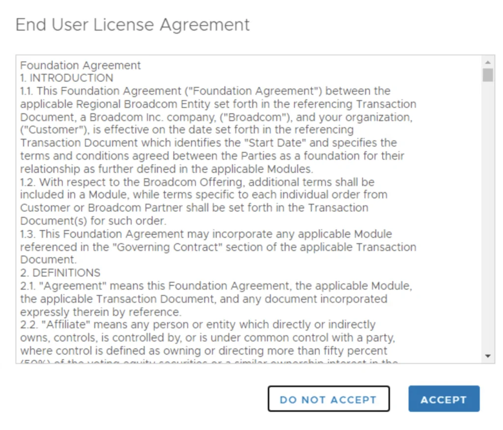 EULA for Aria Operations upgrade, showing ‘DO NOT ACCEPT’ and ‘ACCEPT’ buttons.