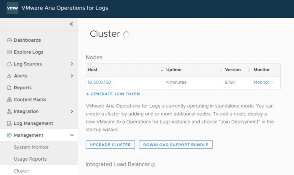 The image shows a cluster management page in VMware Aria Operations for Logs, displaying a single node with uptime and version details.