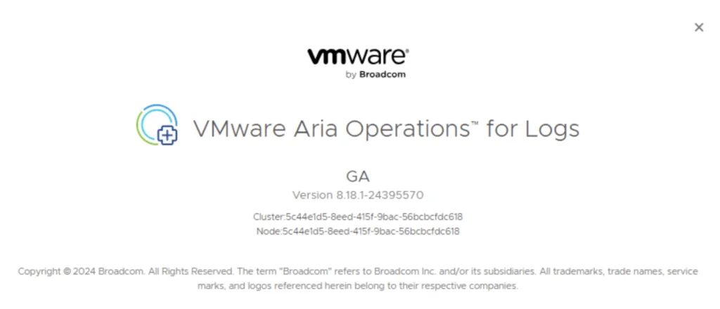 VMware Aria Operations for Logs version 8.18.1 displayed, confirming upgrade.