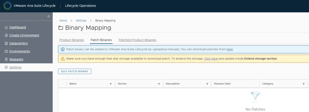Binary Mapping page in VMware Aria Suite Lifecycle showing patch binary upload option.