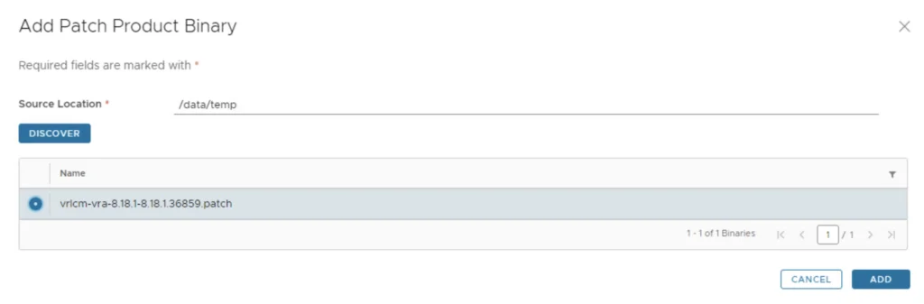 UI shows “Add Patch Product Binary” step; user selects patch file from “/data/temp”.