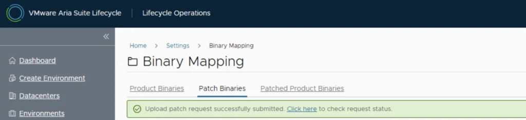 Binary Mapping page shows patch upload success, click to check status.