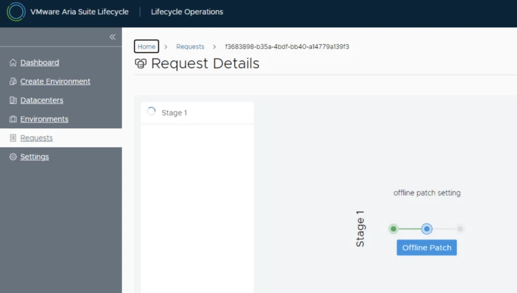 VMware Aria Suite Lifecycle showing Request Details for Stage 1 with Offline Patch setting.