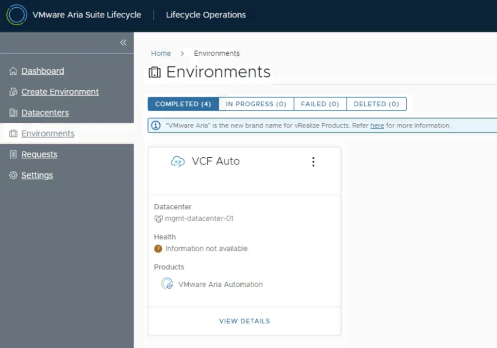 The image shows an “Environments” page with “VCF Auto” listed under Aria Automation, indicating the environment status and datacenter.
