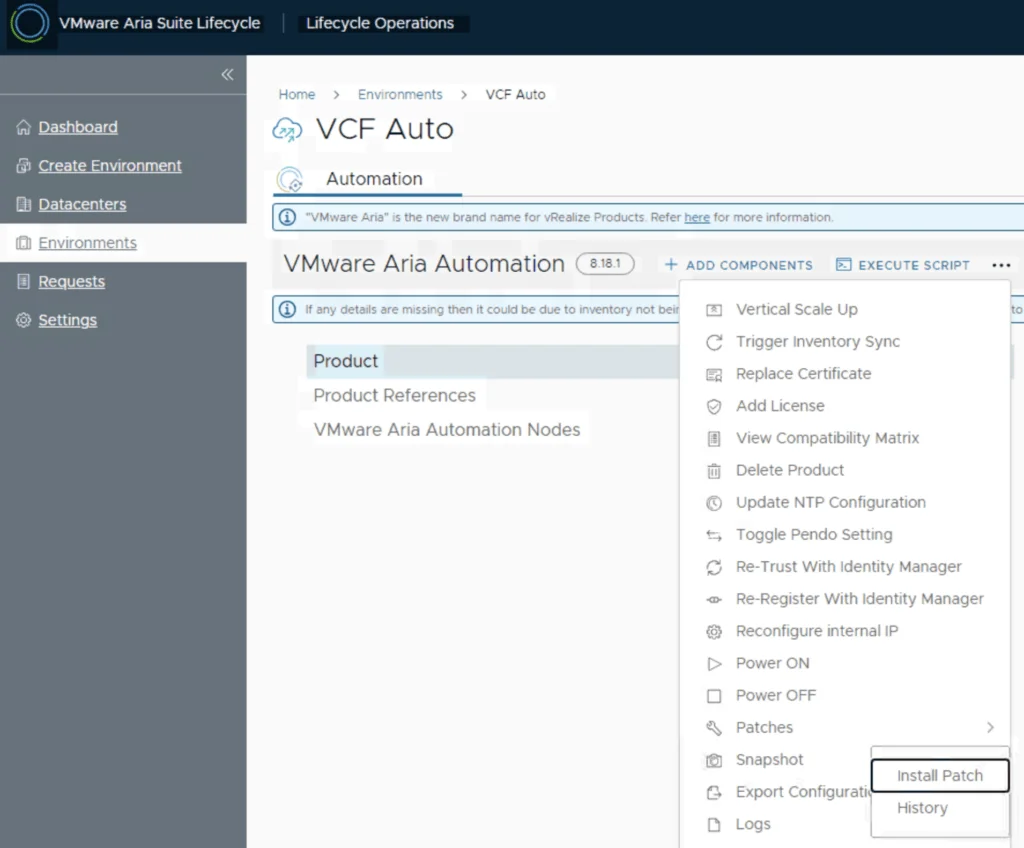 The image shows a VMware Aria Automation interface with options for patch installation.