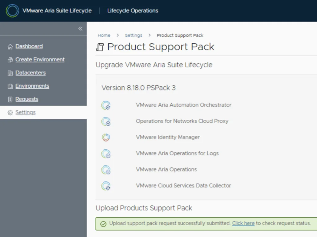 Product Support Pack for VMware Aria Suite Lifecycle 8.18.0 PSPack 3 uploaded; status check available.